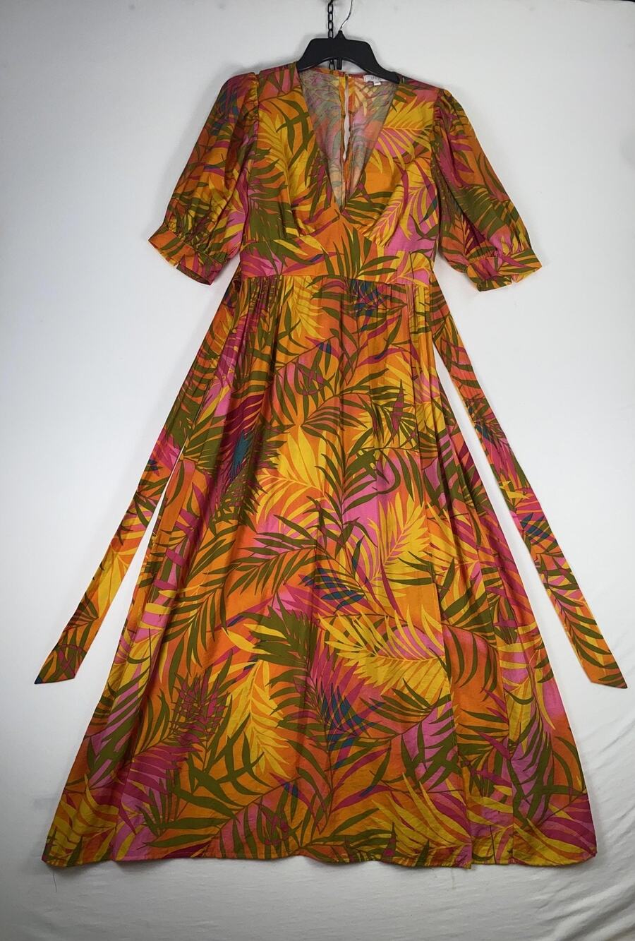 Maven Dress Womens Medium Multicolor Tropical Leaf Maxi Puff Sleeve V Neck